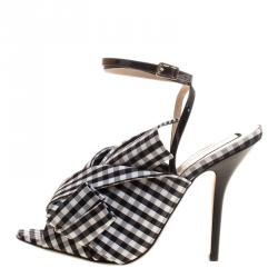 N°21 Monochrome Checkered Knotted Fabric Gingham Ankle Wrap Peep Toe Sandals Size 40