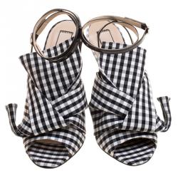 N°21 Monochrome Checkered Knotted Fabric Gingham Ankle Wrap Peep Toe Sandals Size 40