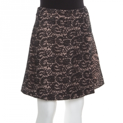 Pre Owned N21 Black and Pink Floral Lace Faux Wrap Mini Skirt M