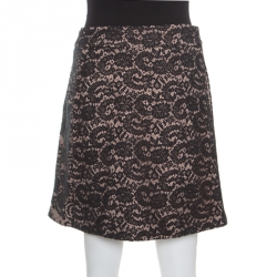Pre Owned N21 Black and Pink Floral Lace Faux Wrap Mini Skirt M