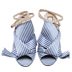 N 21 Blue/White Stripe Knotted Satin Gingham Ankle Wrap Peep Toe Sandals 37