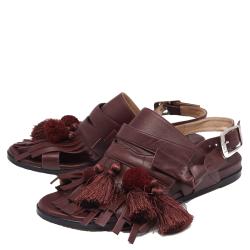 Pre Owned N21 Maroon Leather Pompom and Tassel Slingback Flats Size 37.5