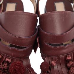 Pre Owned N21 Maroon Leather Pompom and Tassel Slingback Flats Size 37.5