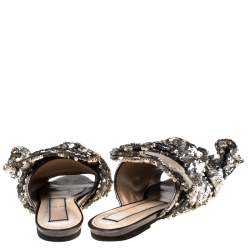Pre Owned N21 Silver Sequins Knotted Flat Slides Size 38