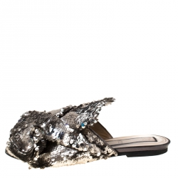 Pre Owned N21 Silver Sequins Knotted Flat Slides Size 38
