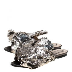 Pre Owned N21 Silver Sequins Knotted Flat Slides Size 38