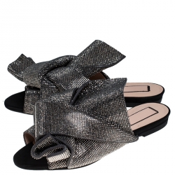 N°21 Metallic Grey Leather Crystal Embellished Bow Flat Mules Size 36