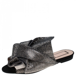 N°21 Metallic Grey Leather Crystal Embellished Bow Flat Mules Size 36