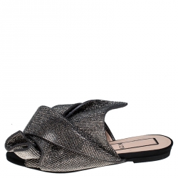 N°21 Metallic Grey Leather Crystal Embellished Bow Flat Mules Size 36