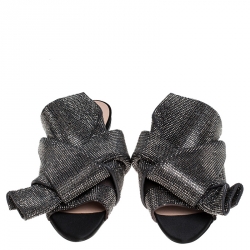 N°21 Metallic Grey Leather Crystal Embellished Bow Flat Mules Size 36