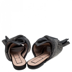 N°21 Metallic Grey Leather Crystal Embellished Bow Flat Mules Size 36