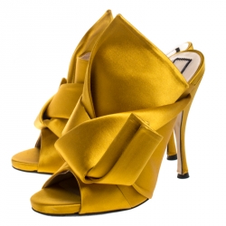 Pre Owned N21 Yellow Satin Raso Knot Peep Toe Mules Size 39