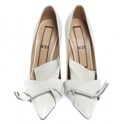 Pre Owned N21 White Leather Knot Pointed Toe Pumps Size 38.5
