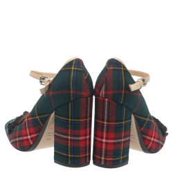 Pre Owned N21 Green Check Fabric Mary Jane Pumps Size 38.5