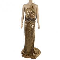 Naeem Khan Gold Sequin Embellished Gown L