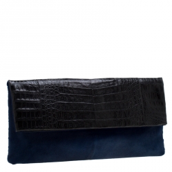 Nancy Gonzalez Black/Blue Crocodile and Calfhair Clutch