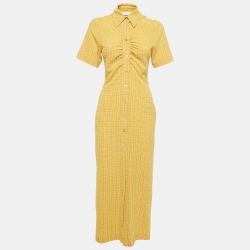 Yellow Printed Crinkled Stretch Crepe Ruched Dress