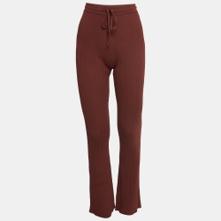 Brown Ribbed Knit Flared Trousers