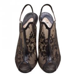 Pre Owned Nicholas Kirkwood Black Lace and Leather Peep Toe Sandals Size 38