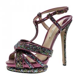 Nicholas Kirkwood Magenta Patent Leather and Glitter T Strap Platform Sandals Size 40