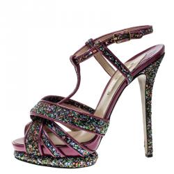 Nicholas Kirkwood Magenta Patent Leather and Glitter T Strap Platform Sandals Size 40