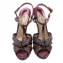 Nicholas Kirkwood Magenta Patent Leather and Glitter T Strap Platform Sandals Size 40