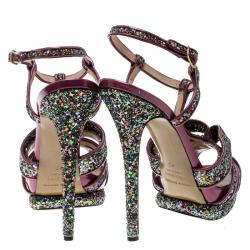 Nicholas Kirkwood Magenta Patent Leather and Glitter T Strap Platform Sandals Size 40