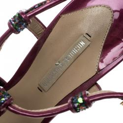 Nicholas Kirkwood Magenta Patent Leather and Glitter T Strap Platform Sandals Size 40