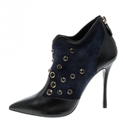 Pre Owned Nicholas Kirkwood Navy Blue Crystal Embellished Suede and Leather Pointed Toe Ankle Boots Size 39
