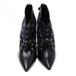 Pre Owned Nicholas Kirkwood Navy Blue Crystal Embellished Suede and Leather Pointed Toe Ankle Boots Size 39