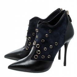 Pre Owned Nicholas Kirkwood Navy Blue Crystal Embellished Suede and Leather Pointed Toe Ankle Boots Size 39