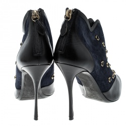 Pre Owned Nicholas Kirkwood Navy Blue Crystal Embellished Suede and Leather Pointed Toe Ankle Boots Size 39