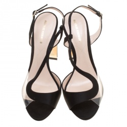 Pre Owned Nicholas Kirkwood Black Satin And PVC Maeva Faux Pearl D'orsay Sandals Size 38.5