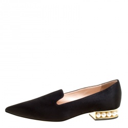 Pre Owned Nicholas Kirkwood Black Satin Casati Faux Pearl Heel Pointed Toe Loafers Size 36.5