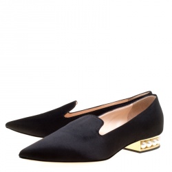 Pre Owned Nicholas Kirkwood Black Satin Casati Faux Pearl Heel Pointed Toe Loafers Size 36.5