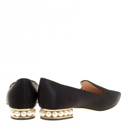 Pre Owned Nicholas Kirkwood Black Satin Casati Faux Pearl Heel Pointed Toe Loafers Size 36.5