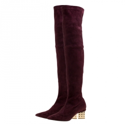Pre Owned Nicholas Kirkwood Burgundy Suede Spike Stud Heel Over The Knee Boots Size 38