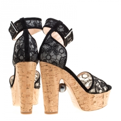 Pre Owned Nicholas Kirkwood Black Lace Maya Pearl Platform Ankle Strap Sandals Size 38