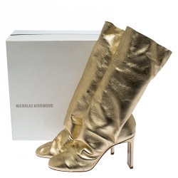 Nicholas Kirkwood Metallic Gold Leather D'arcy Ruched Ankle Boots Size 38.5