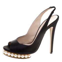 Pre Owned Nicholas Kirkwood Black Satin And Pearl Embellished Platform Slingback Sandals Size 40