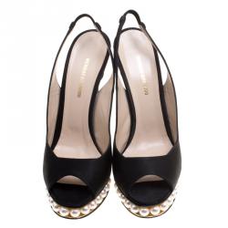 Pre Owned Nicholas Kirkwood Black Satin And Pearl Embellished Platform Slingback Sandals Size 40