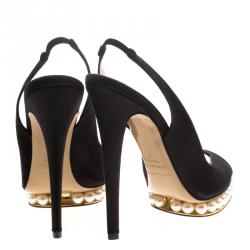 Pre Owned Nicholas Kirkwood Black Satin And Pearl Embellished Platform Slingback Sandals Size 40