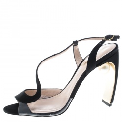 Pre Owned Nicholas Kirkwood Black Satin and PVC Maeva Faux Pearl Embellished Peep Toe Sandals Size 39