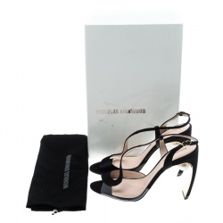 Pre Owned Nicholas Kirkwood Black Satin and PVC Maeva Faux Pearl Embellished Peep Toe Sandals Size 39