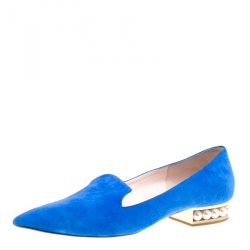 Pre Owned Nicholas Kirkwood Blue Suede Casati Faux Pearl Heel Pointed Toe Loafers Size 39