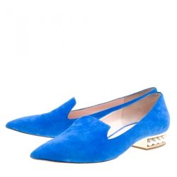 Pre Owned Nicholas Kirkwood Blue Suede Casati Faux Pearl Heel Pointed Toe Loafers Size 39