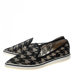 Nicholas Kirkwood Black Mesh and Fabric Alona Houndstooth Emroidered Pointed Toe Loafers Size 40