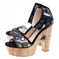 Nicholas Kirkwood Black Lace Maya Pearl Platform Ankle Strap Sandals Size 38.5
