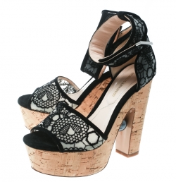 Pre Owned Nicholas Kirkwood Black Lace Maya Pearl Platform Ankle Strap Sandals Size 35.5
