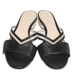 Nicholas Kirkwood Black Mesh and Leather Pearl Embellished Flat Slides Size 41 